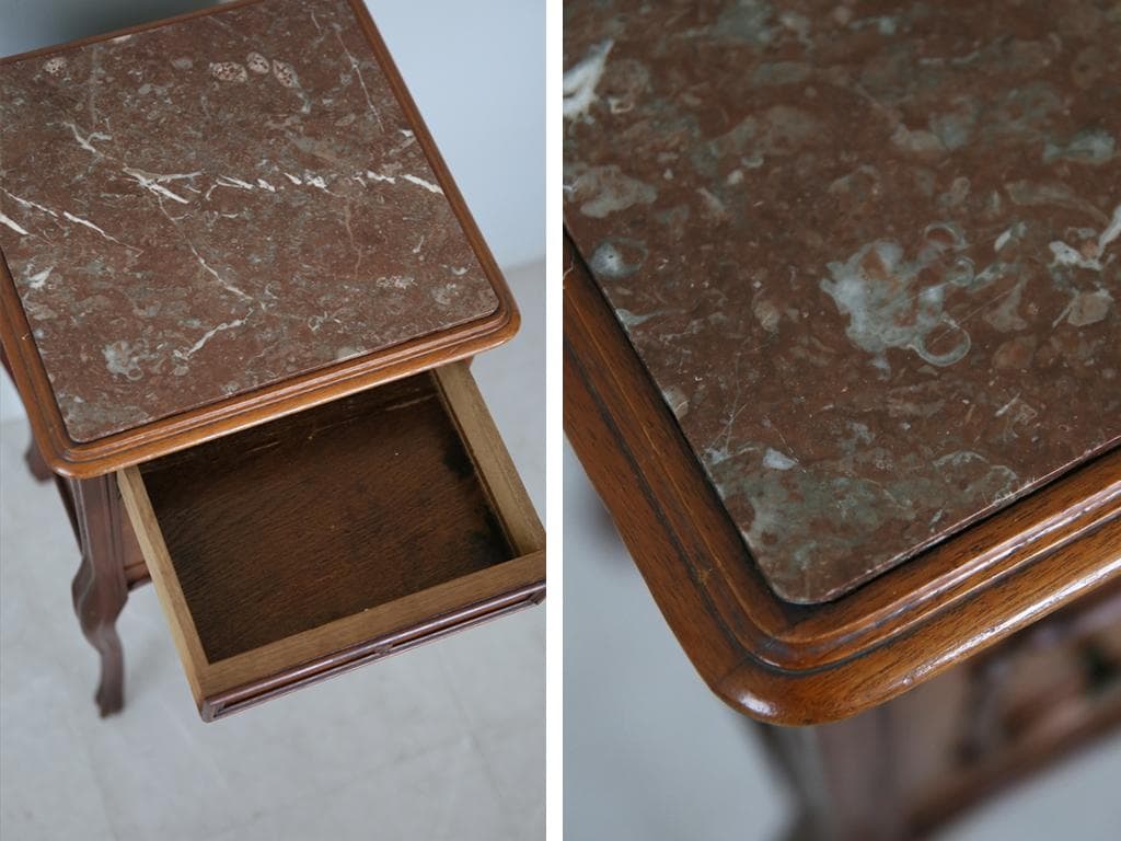 フランスアンティーク木製*大理石キャビネット/ナイトテーブル机(90-35-1)
