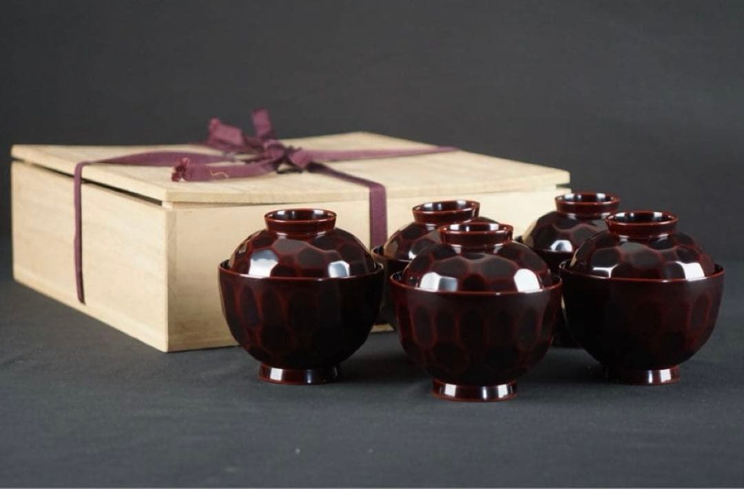 輪島塗 渦蒔絵 亀甲形 吸物椀 5客 共箱 未使用 美品