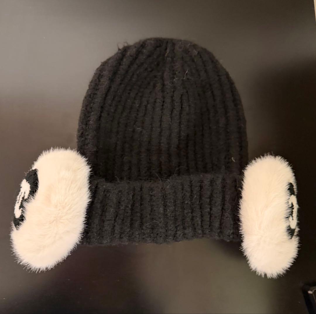 シャネルロゴニット帽 黒/白