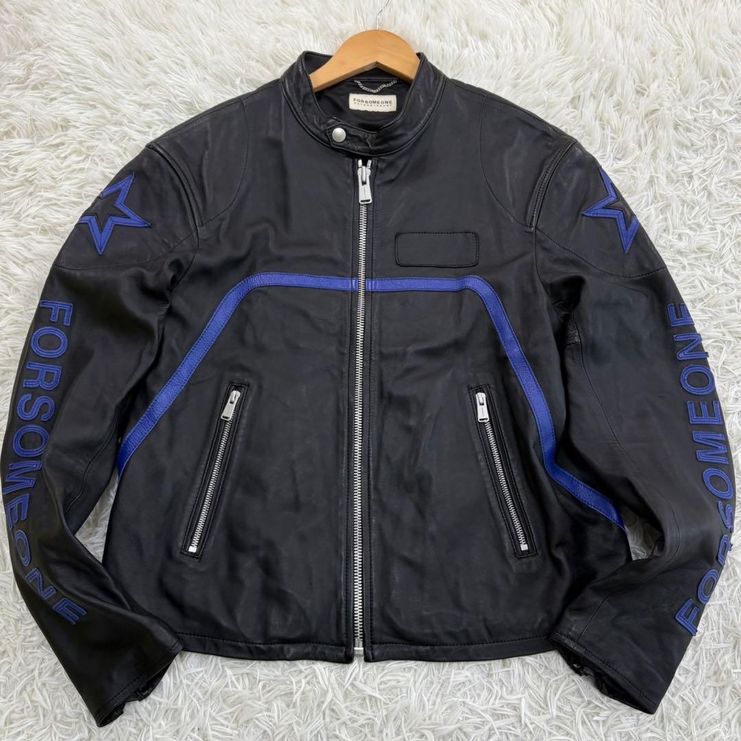 美品　フォーサムワン　シングルライダース　ラムレザー　登坂広臣　黒×青　L
