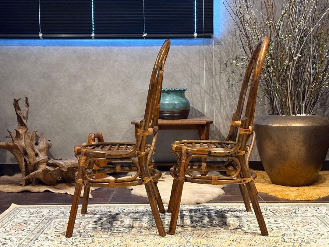ラタン 籐家具 丸テーブル ダイニングチェア 台湾製 曲木 ビンテージ IG