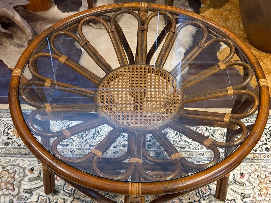 ラタン 籐家具 丸テーブル ダイニングチェア 台湾製 曲木 ビンテージ IG