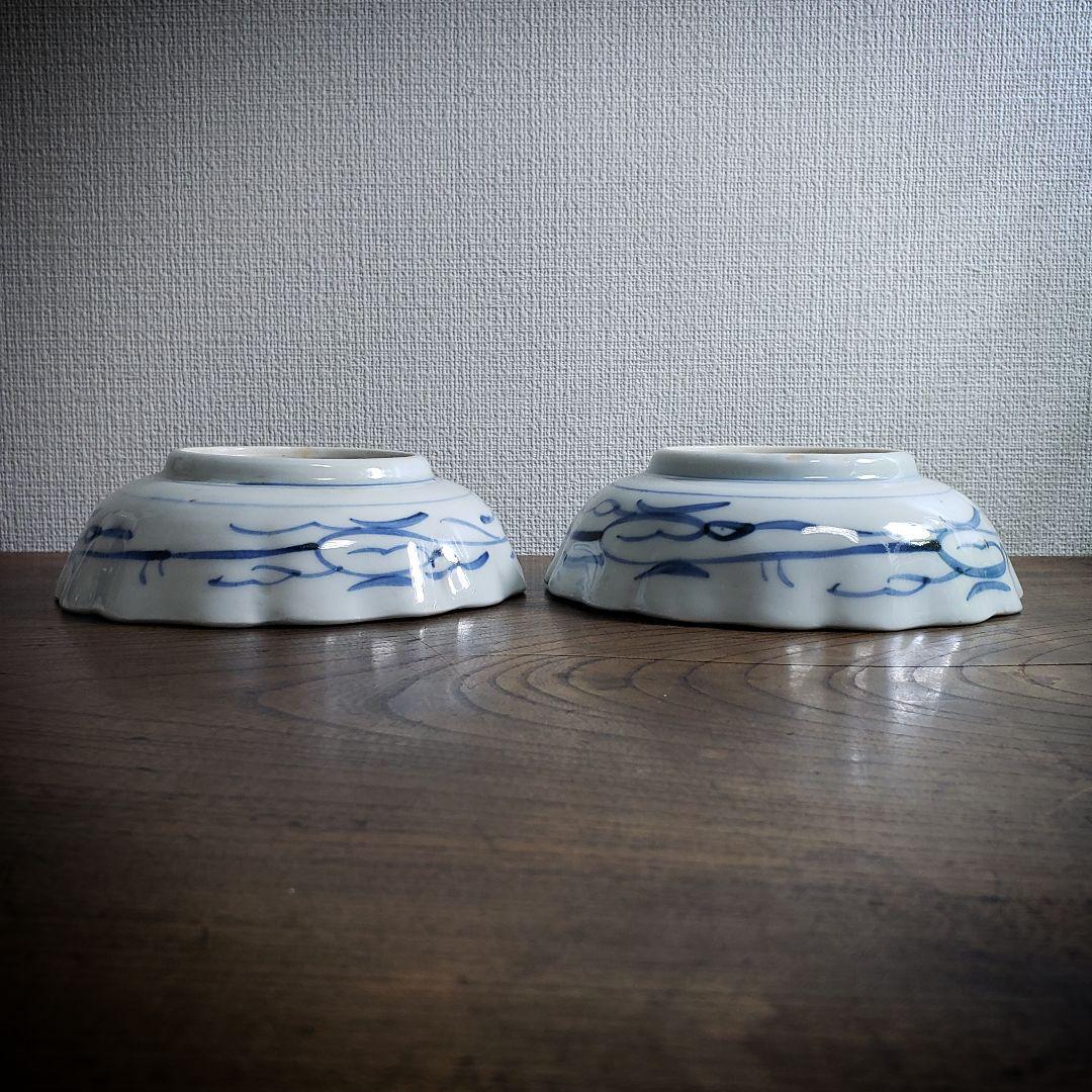 染付 なます皿 江戸 古伊万里 牡丹 松竹梅 窯印 線描 訳あり ニュウ 二枚