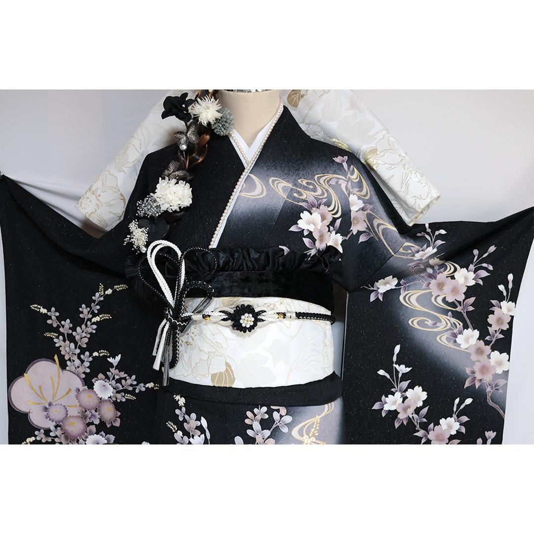 【美品】黒×くすみカラー振袖7点セット158cm帯新品フルセット成人式TU24