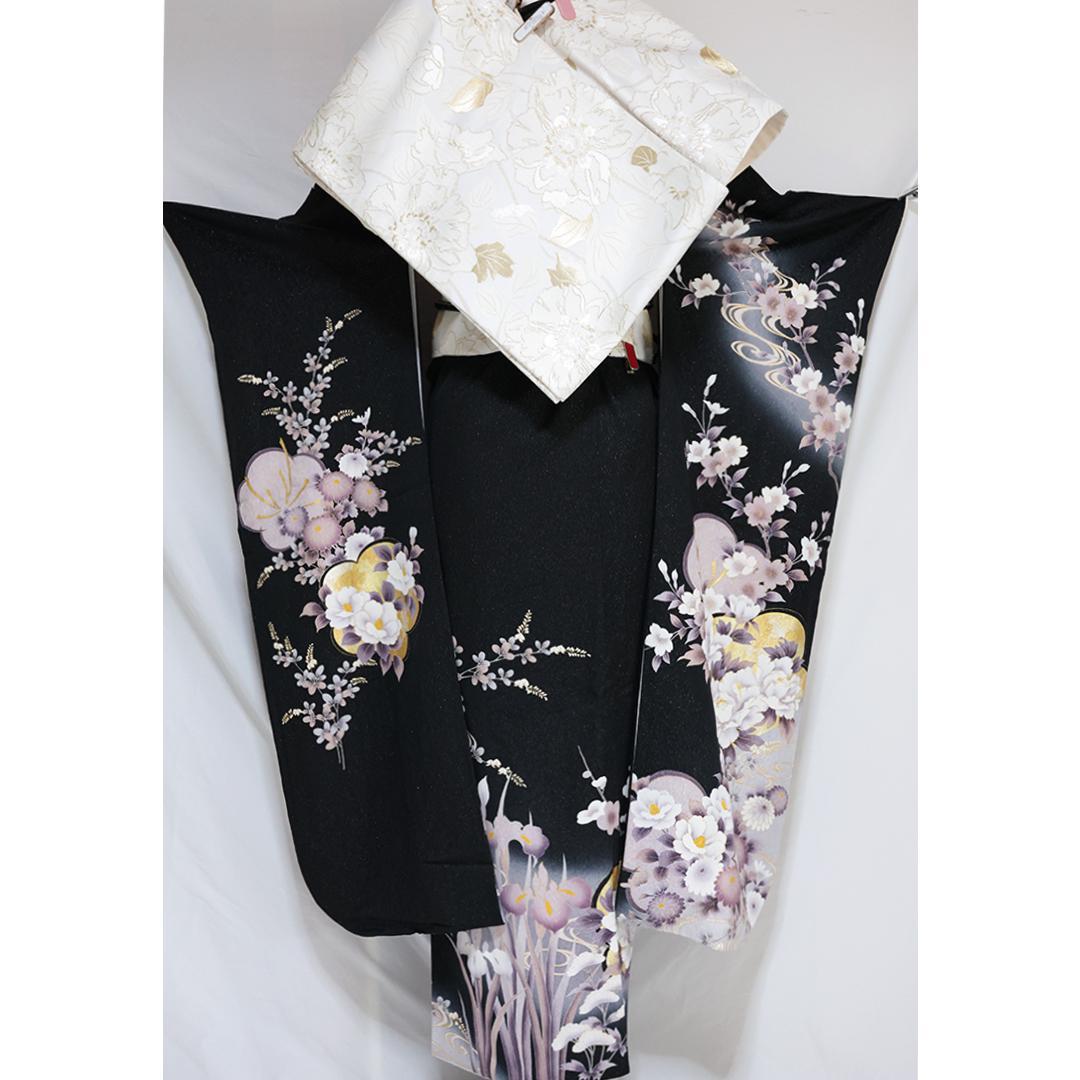 【美品】黒×くすみカラー振袖7点セット158cm帯新品フルセット成人式TU24