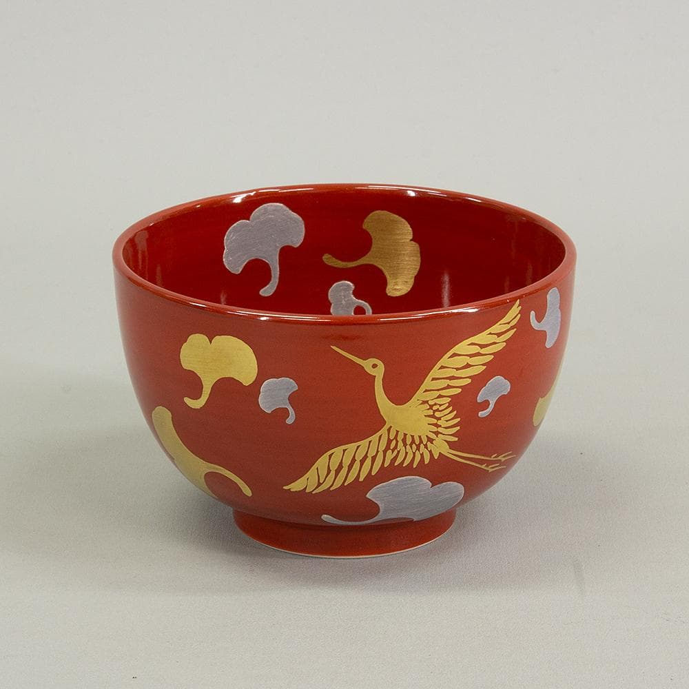 京焼 妙見窯 今岡妙見 茶碗 「金銀鶴銀杏文」共箱 茶道具 抹茶碗