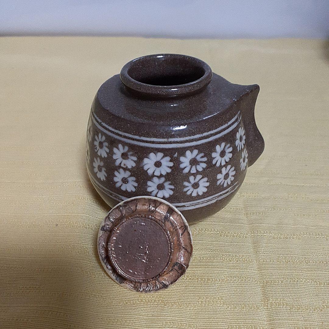 油滴茶入れ花模様のブラウン陶器 茶道具