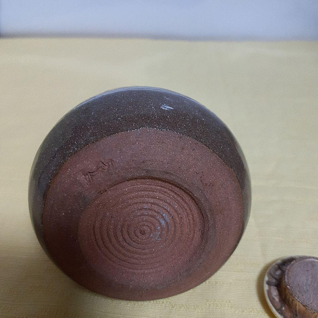 油滴茶入れ花模様のブラウン陶器 茶道具