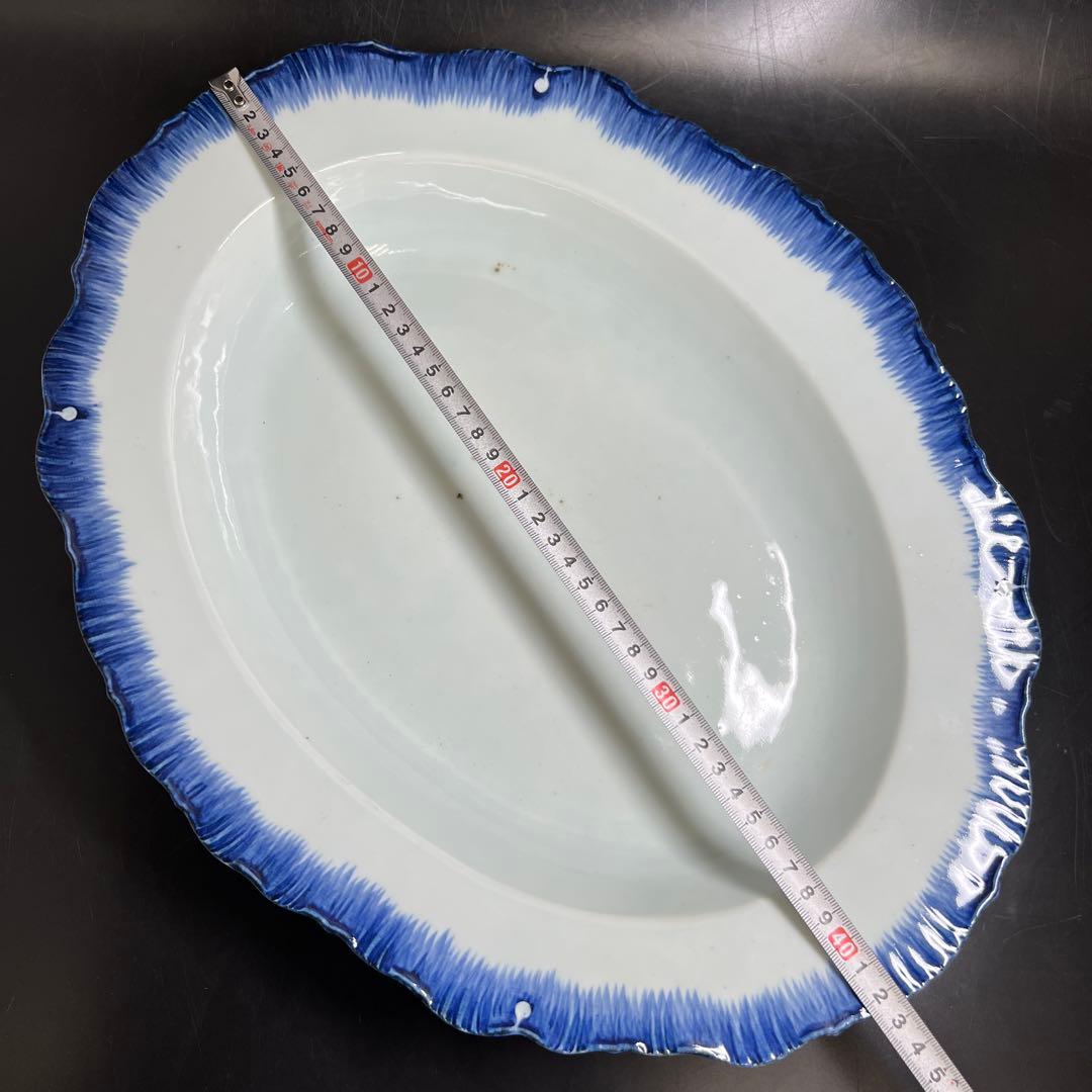 中国清朝時代　新渡青花オーバル皿　木箱付　幅約42.5㎝　東Y7-1024☆2F
