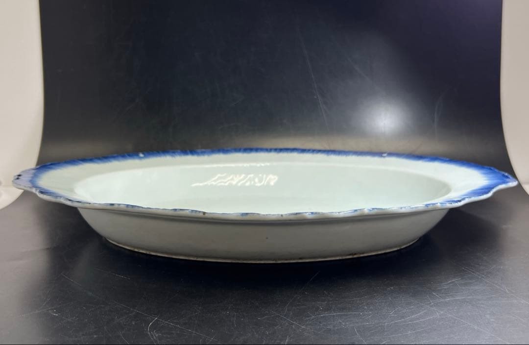 中国清朝時代　新渡青花オーバル皿　木箱付　幅約42.5㎝　東Y7-1024☆2F