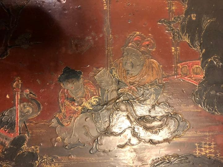 骨董　朱漆　楼閣山水人物堆錦螺鈿　中央香台