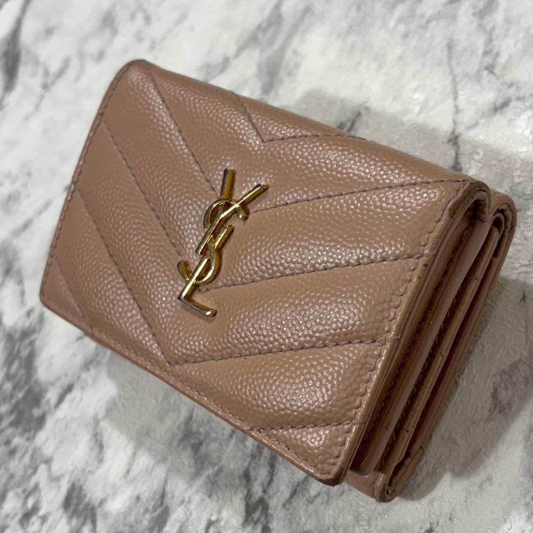 SAINT LAURENT 三つ折り財布 YSL キルティング レザー ピンク
