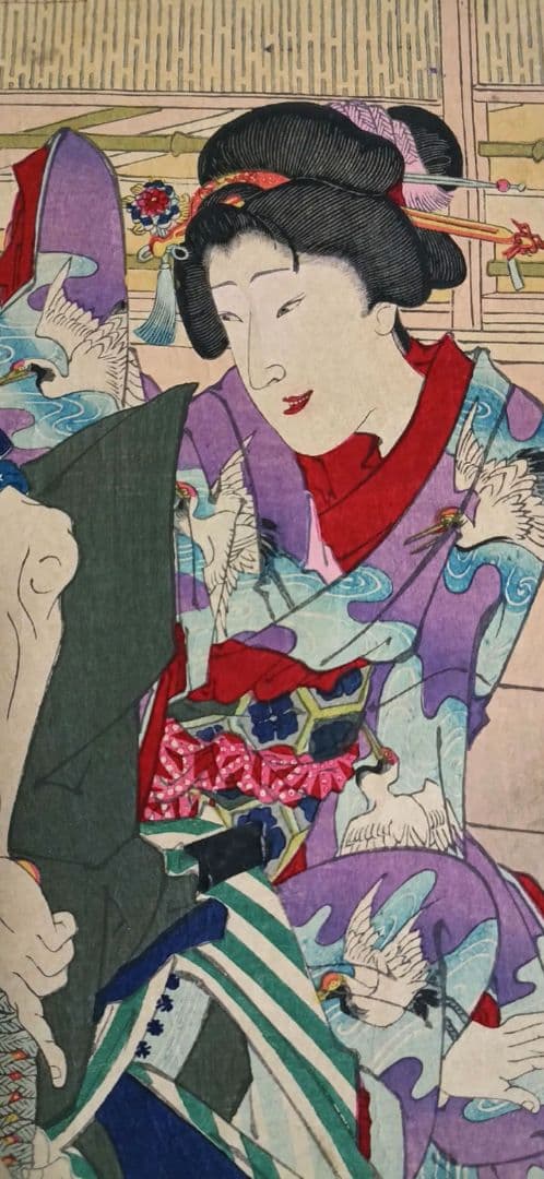 浮世絵版画、松名高紅葉京橋（役者絵)縦二枚綴り、豊原国周画