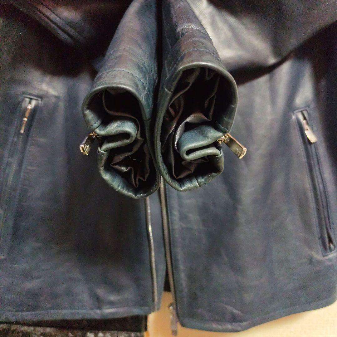 ノーアイディー　希少色ダークブルー本革（牛革）ダブルブレストライダースジャケット