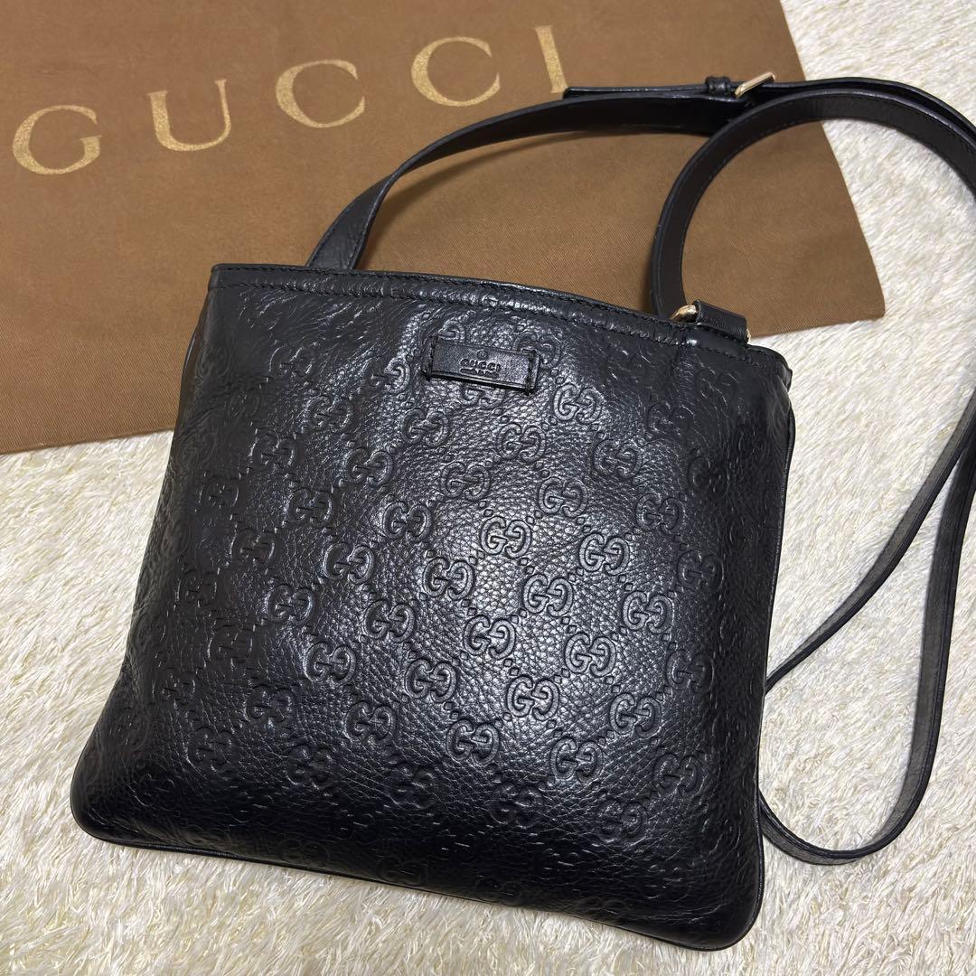 522✨GUCCI✨グッチ ショルダーバッグ シマレザー GG柄 斜め掛け 黒