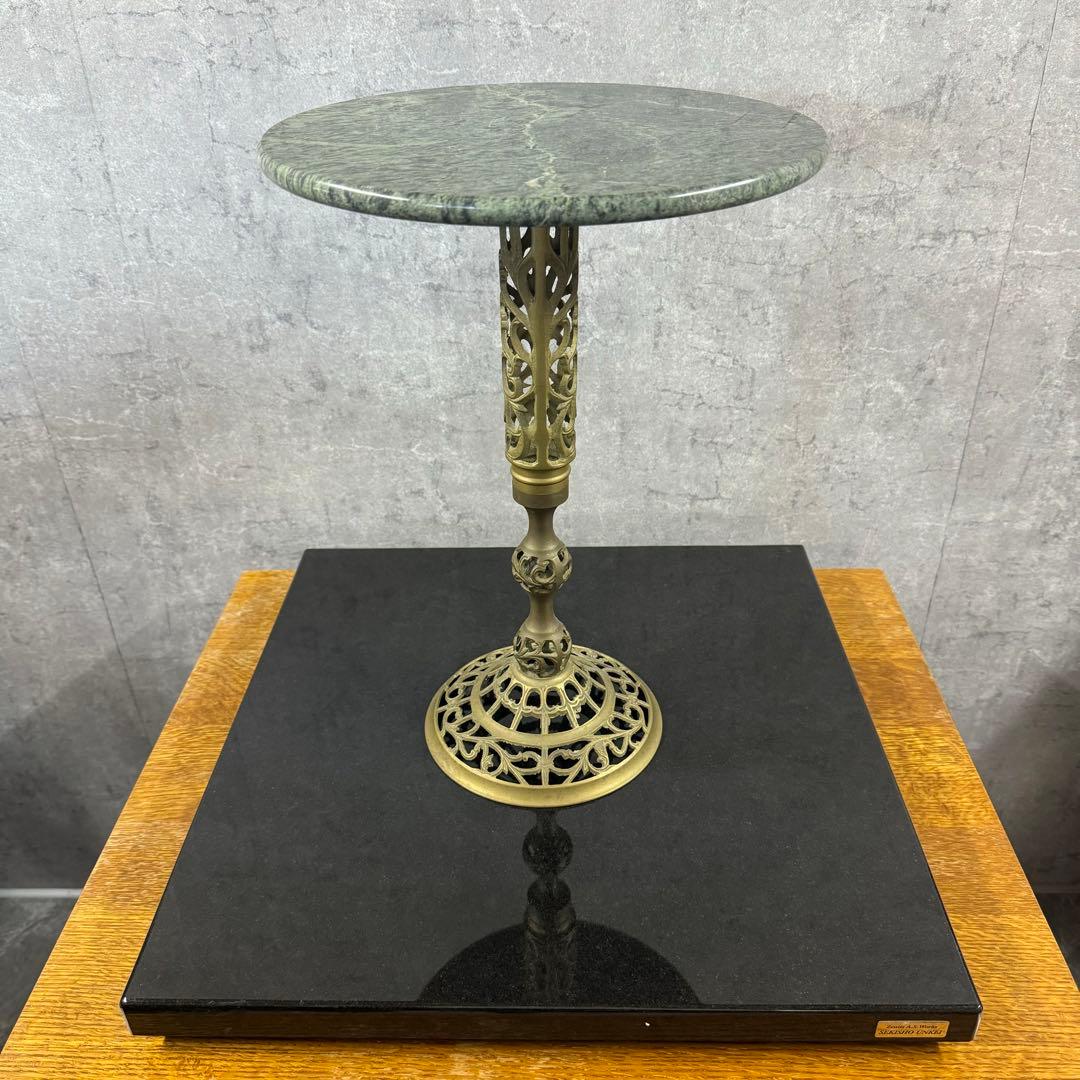 アンティーク 花台 大理石 真鍮 装飾 彫り 丸テーブル