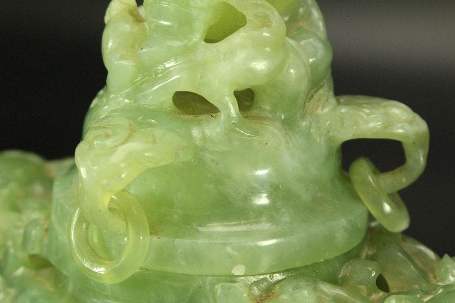 中国美術 玉石 緑石 香炉 台付(ZE497)