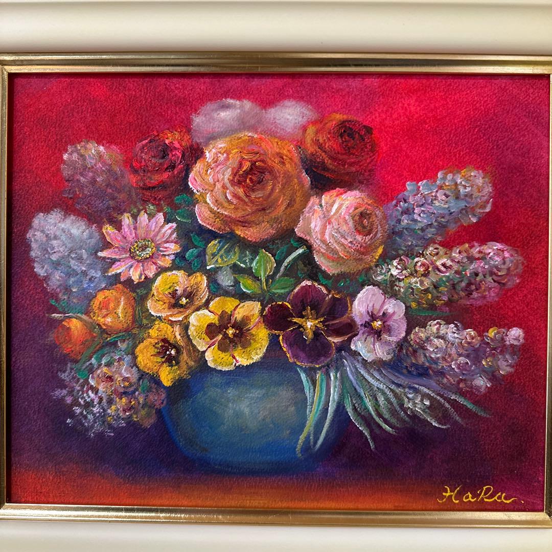 肉筆　油彩　絵画　真作　花瓶の花 美術品　静物画　インテリア　薔薇の作家作品