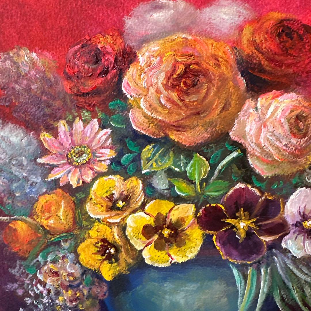 肉筆　油彩　絵画　真作　花瓶の花 美術品　静物画　インテリア　薔薇の作家作品