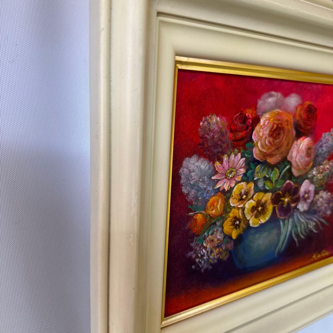 肉筆　油彩　絵画　真作　花瓶の花 美術品　静物画　インテリア　薔薇の作家作品