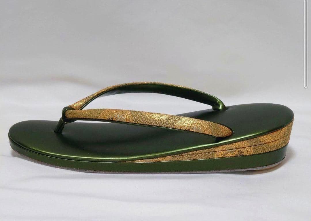 西陣 錦糸グリーン地 丸紋 バック 錦地鼻緒 の グリーン草履 セット