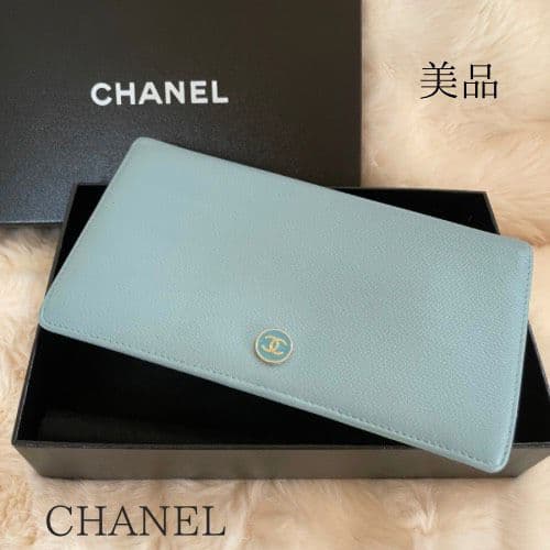 シャネル CHANEL 財布 二つ折り 水色 ココボタン 正規品