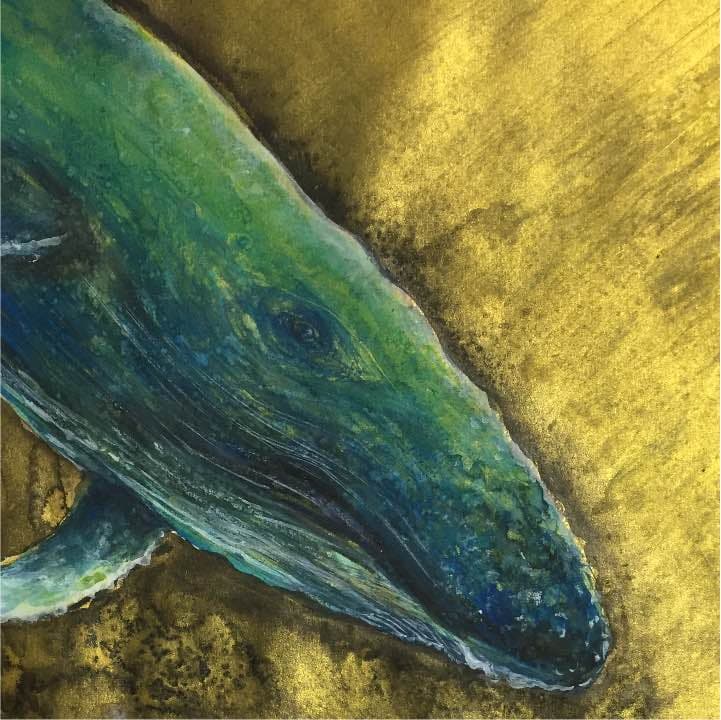 黄金の海を泳ぐクジラ、ゴールド色の画用紙、25,5cm×36,5cm