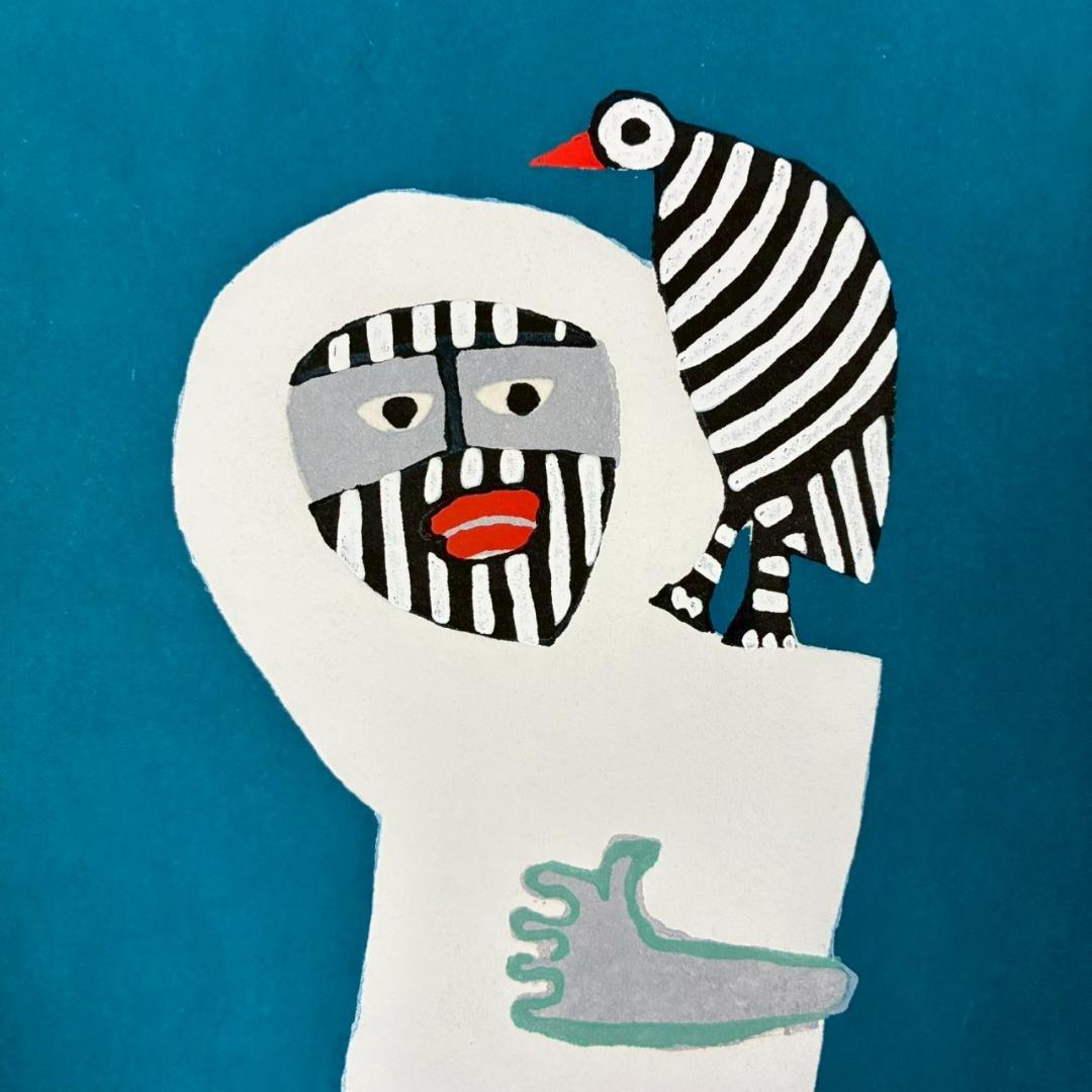 畦地梅太郎「鳥とともに」木版画 直筆サイン入り 1969年作 山男 版画家