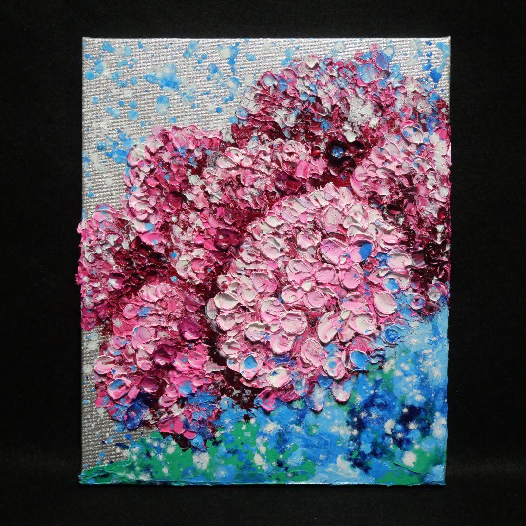油絵 油彩 油彩画 絵画 絵 【梅雨に咲くピンクの紫陽花】