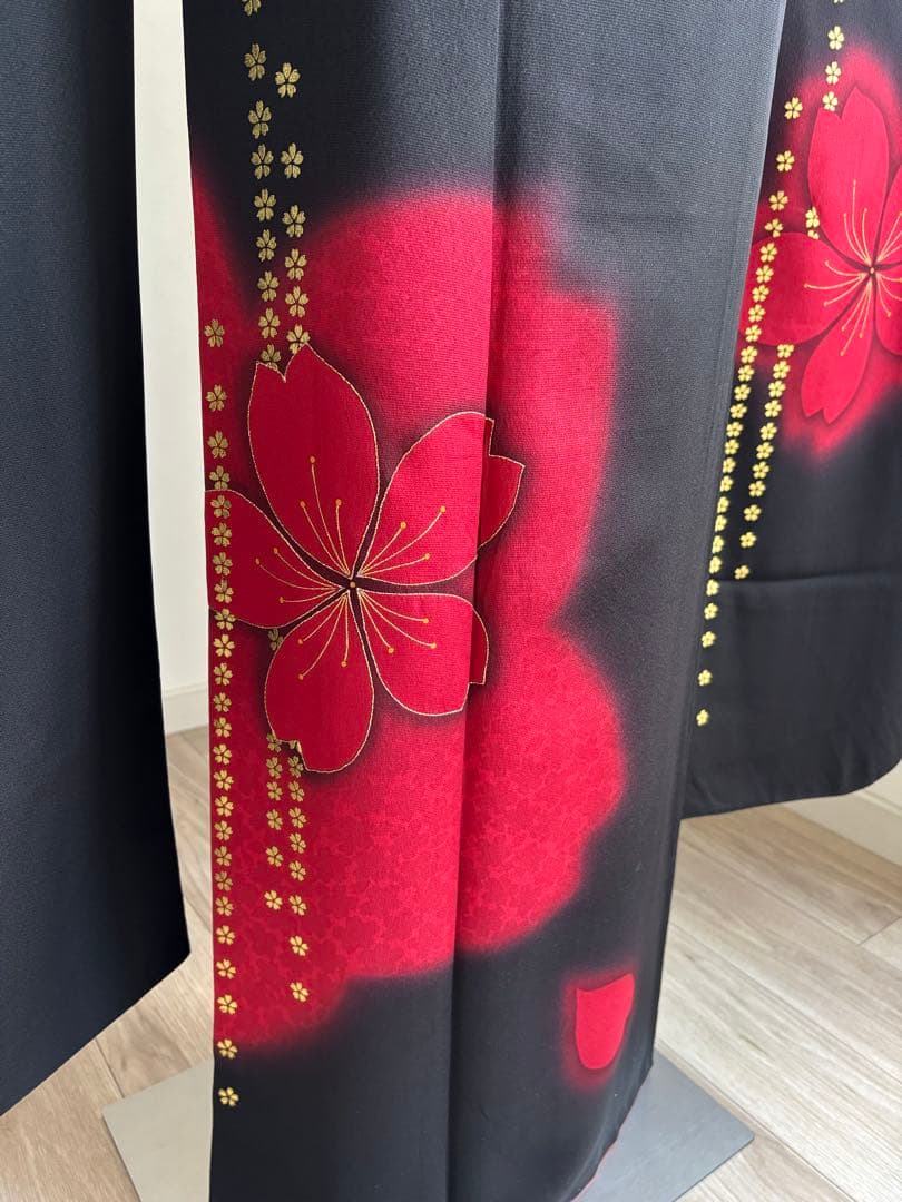 あああ 振袖フルセット　成人式　正絹振袖　袋帯　黒赤系　クリーニング済み