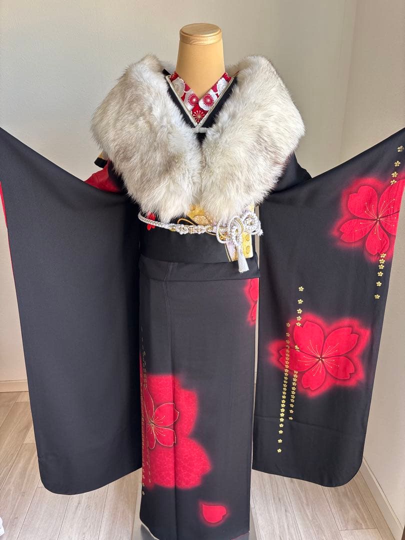 あああ 振袖フルセット　成人式　正絹振袖　袋帯　黒赤系　クリーニング済み