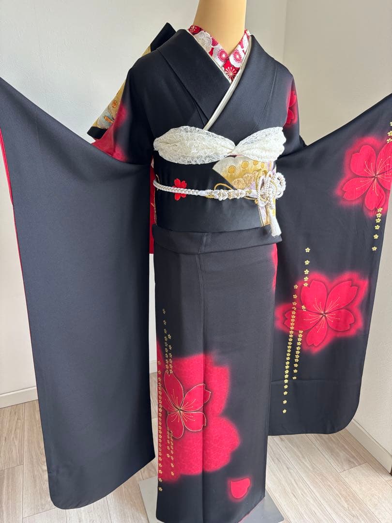 あああ 振袖フルセット　成人式　正絹振袖　袋帯　黒赤系　クリーニング済み