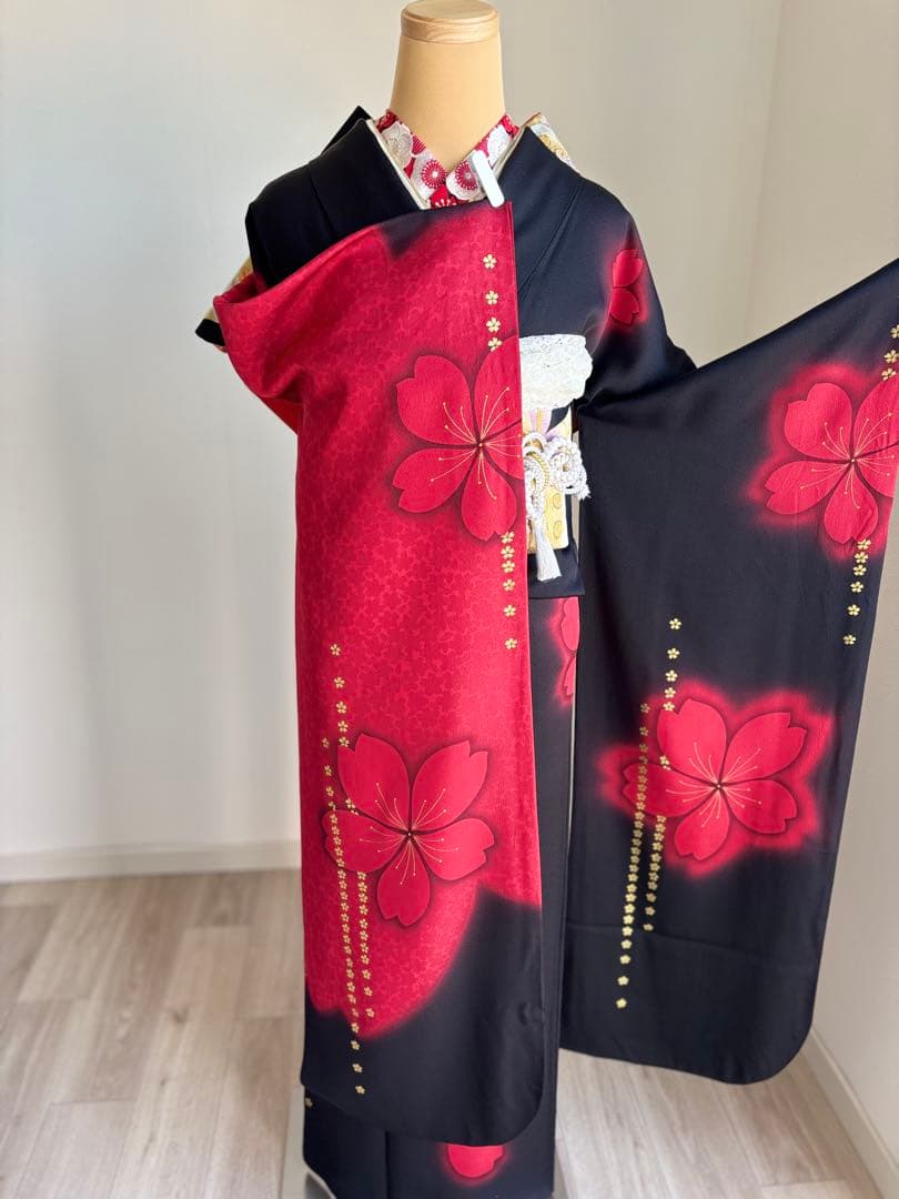 あああ 振袖フルセット　成人式　正絹振袖　袋帯　黒赤系　クリーニング済み