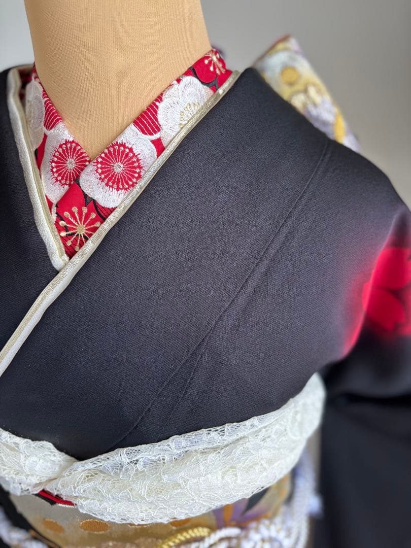 あああ 振袖フルセット　成人式　正絹振袖　袋帯　黒赤系　クリーニング済み