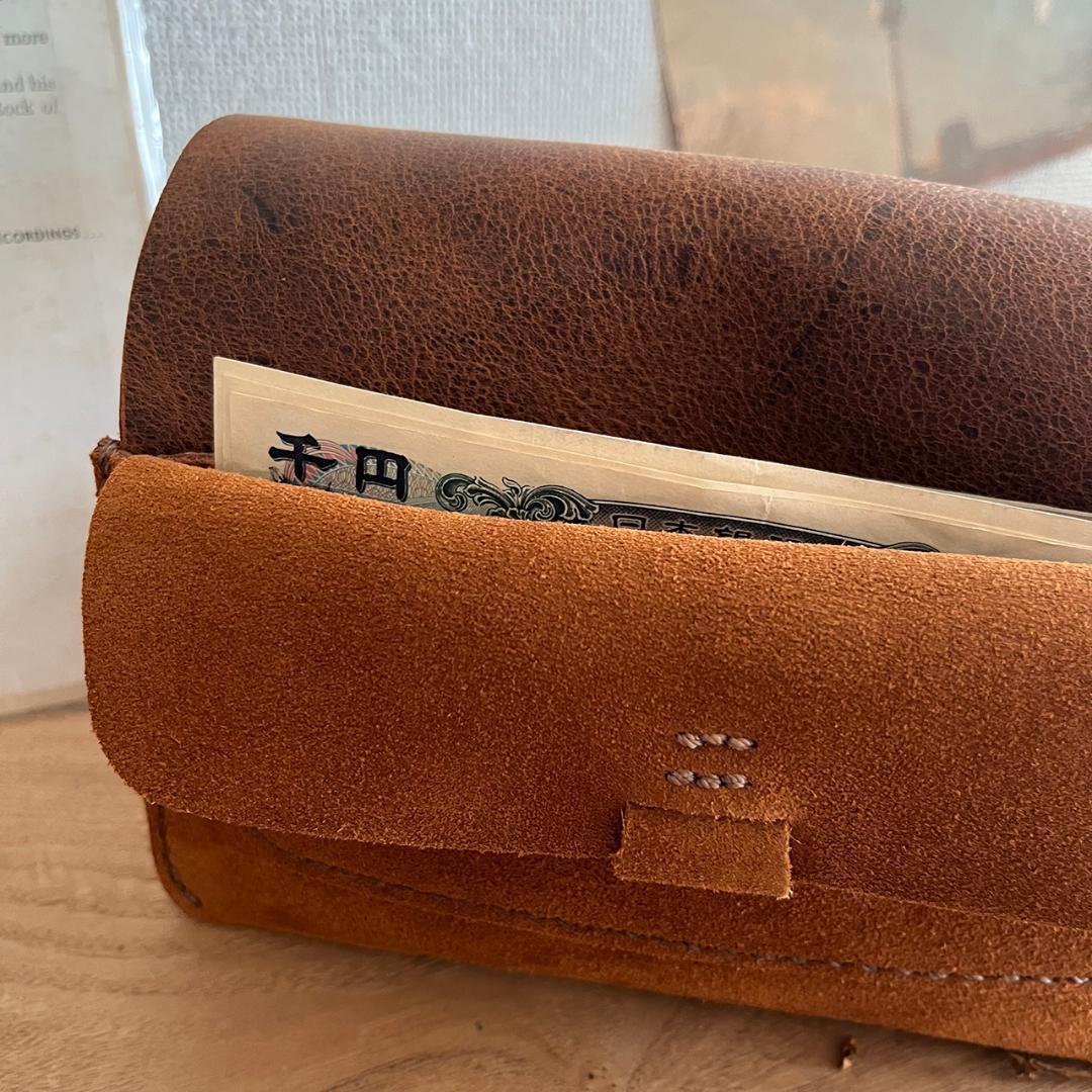 kudu革長財布 スエード ケース付き ２点セット キャメルカラー 一点物