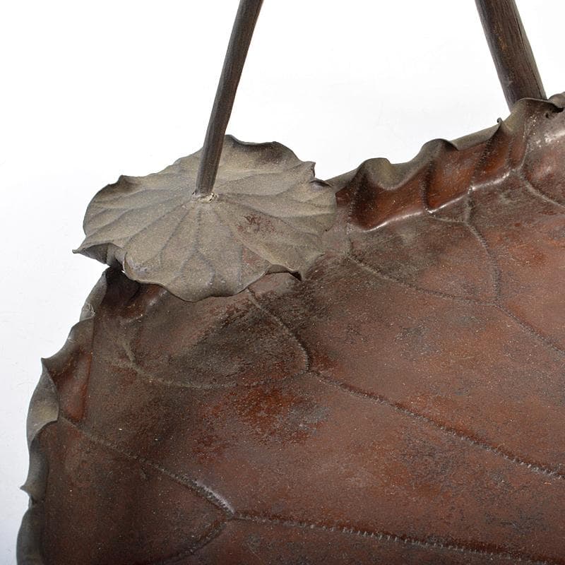 時代金工　古銅鎚出　蓮葉　持手菓子器　F　R5996B