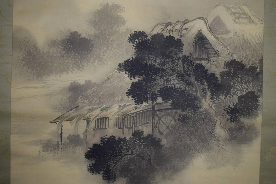 真作/今尾景年/山水民家水車図/桐箱二重箱付/布袋屋掛軸HJ-368