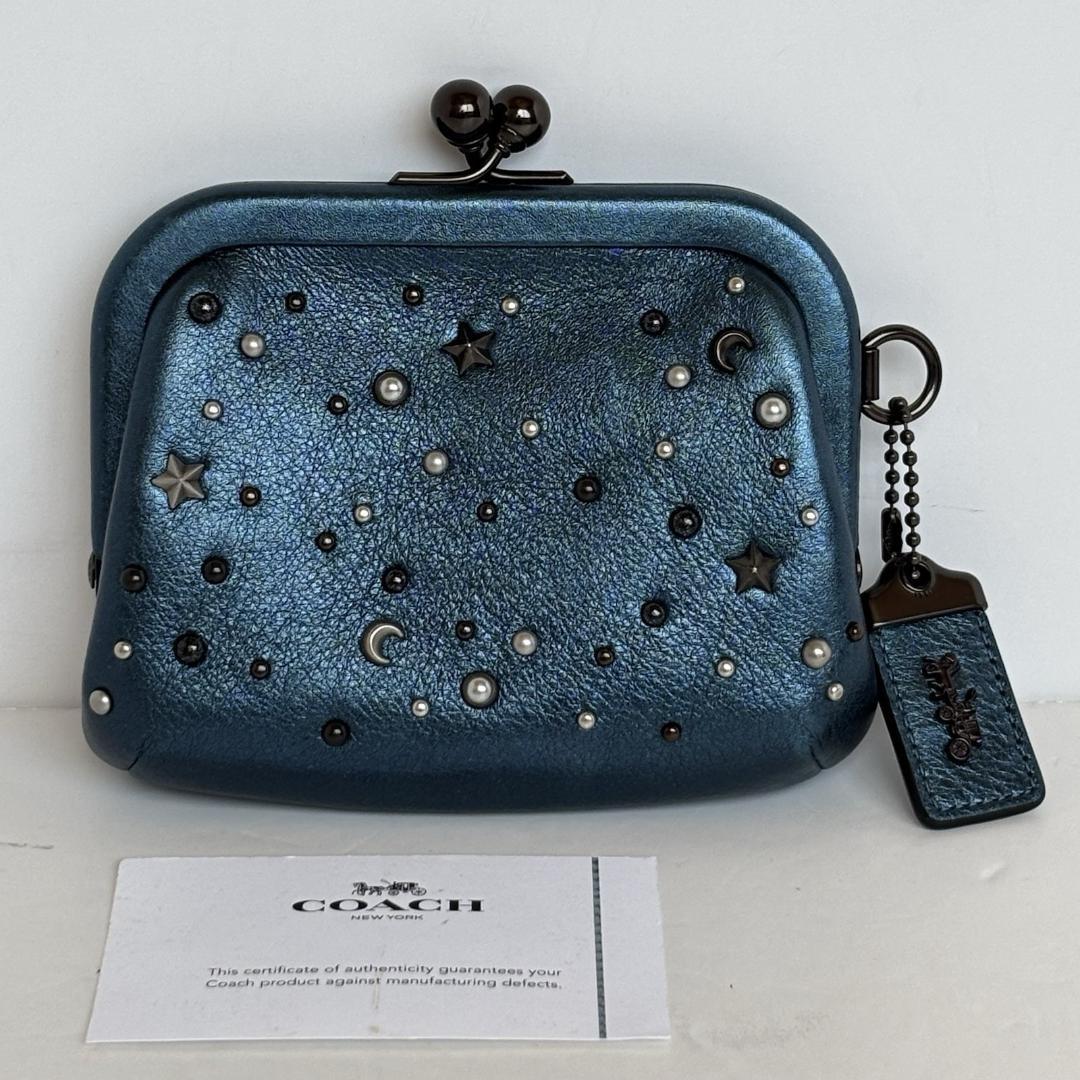 コーチ　水原希子　がま口　小銭入れ　財布　メタリックブルー　75947
