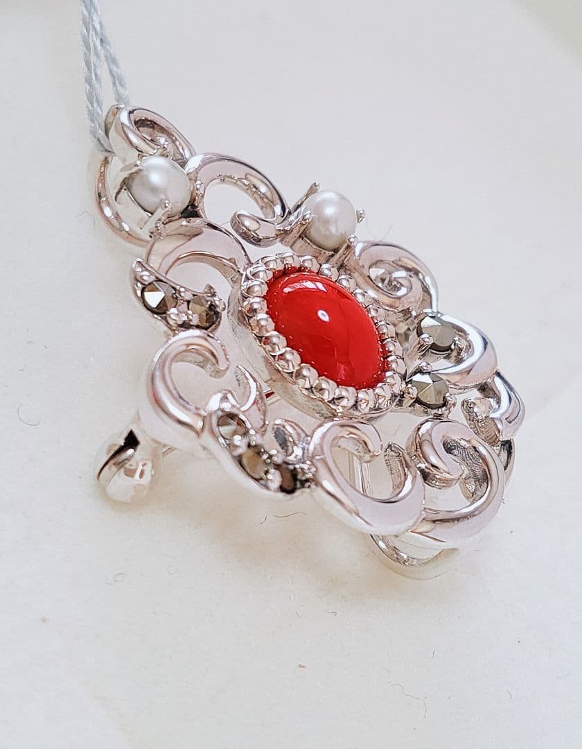 未使用品 碌山 赤珊瑚 シルバー ブローチ 兼 ペンダント