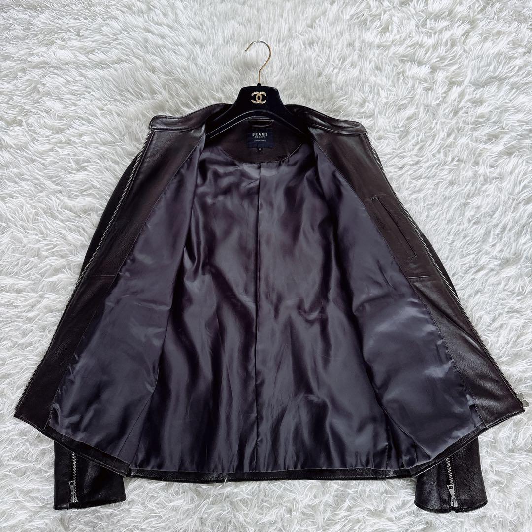 【BEAMS HEART】シングルライダースジャケット 羊革 ブラウン XL