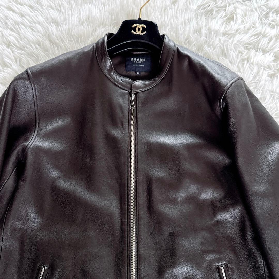 【BEAMS HEART】シングルライダースジャケット 羊革 ブラウン XL