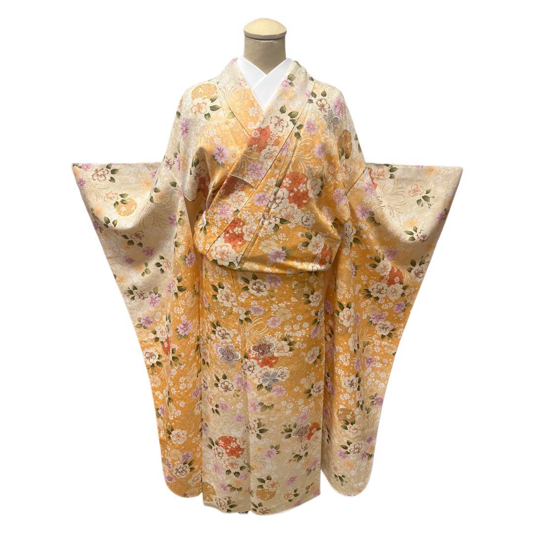 振袖 正絹 オレンジ 総柄 桜 金刺繍 オーロラ刺繍