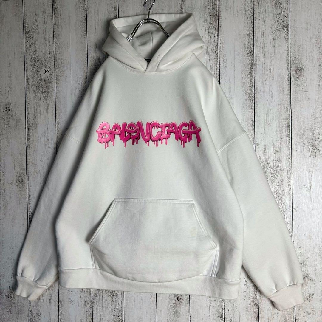6055【人気デザイン】バレンシアガ‪☆ペンキロゴ入りパーカー 22SS ピンク