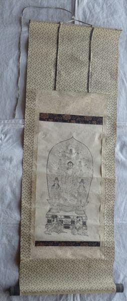 アンティーク 善光寺 一光三尊阿弥陀如来像 阿弥陀如来 観音菩薩 紙本 掛軸