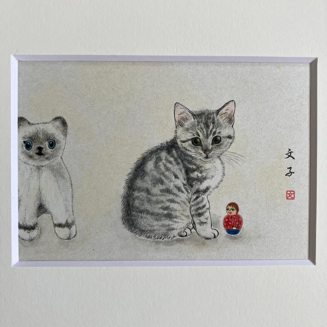 猫　サバトラ　ぬいぐるみ　マトリョーシカ　日本画　絵画　原画