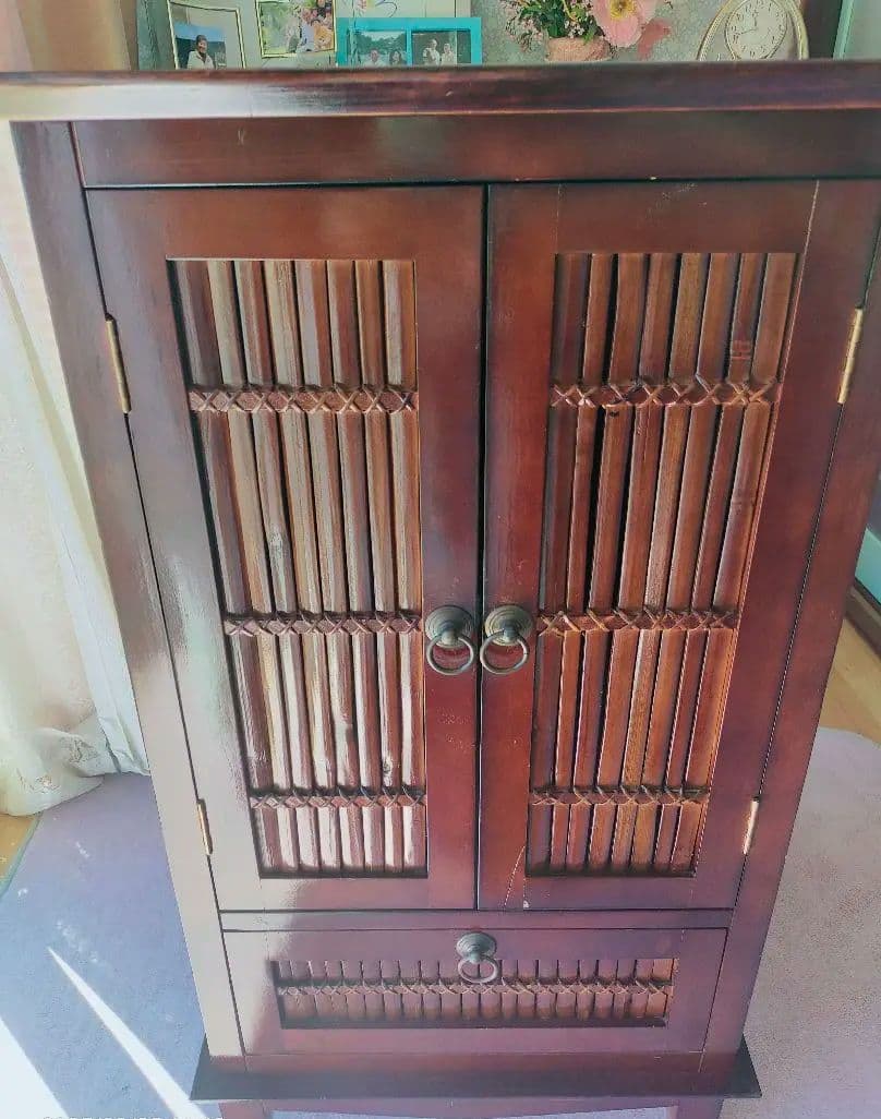 アンティーク木製キャビネット ダークブラウン スラット扉