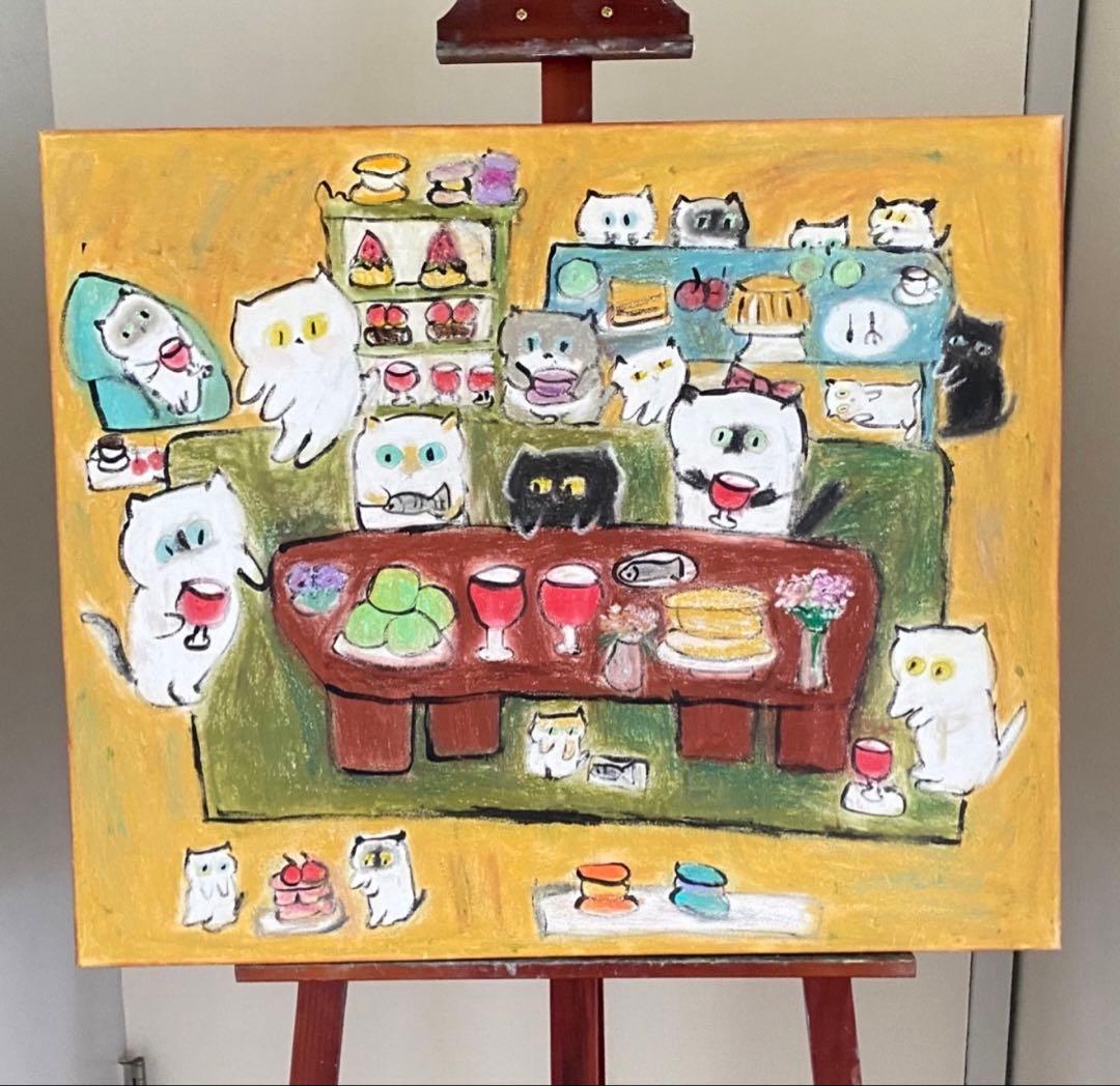 絵画。原画☆キャンバスF20【猫ちゃんたちは楽しくワインパーティーに参加します】