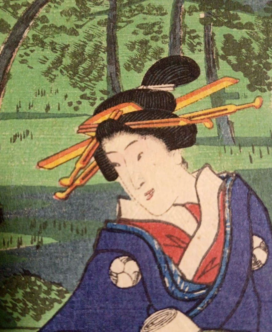 浮世絵版画、江戸自慢三十六興深川八まん牡丹、二代広重景色三代豊国人物元治元年出版