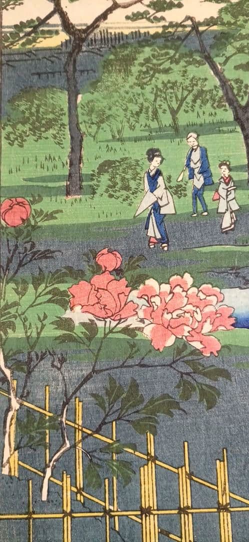 浮世絵版画、江戸自慢三十六興深川八まん牡丹、二代広重景色三代豊国人物元治元年出版