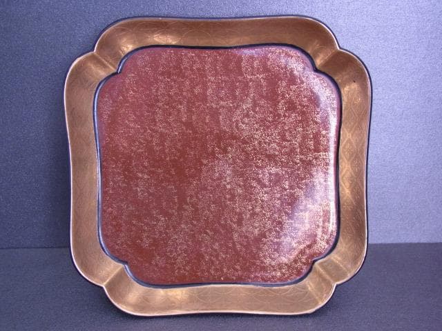 金彩黒地エナメル　角皿　装飾大皿　菓子鉢　エッチング　手書き　アンティーク　骨董